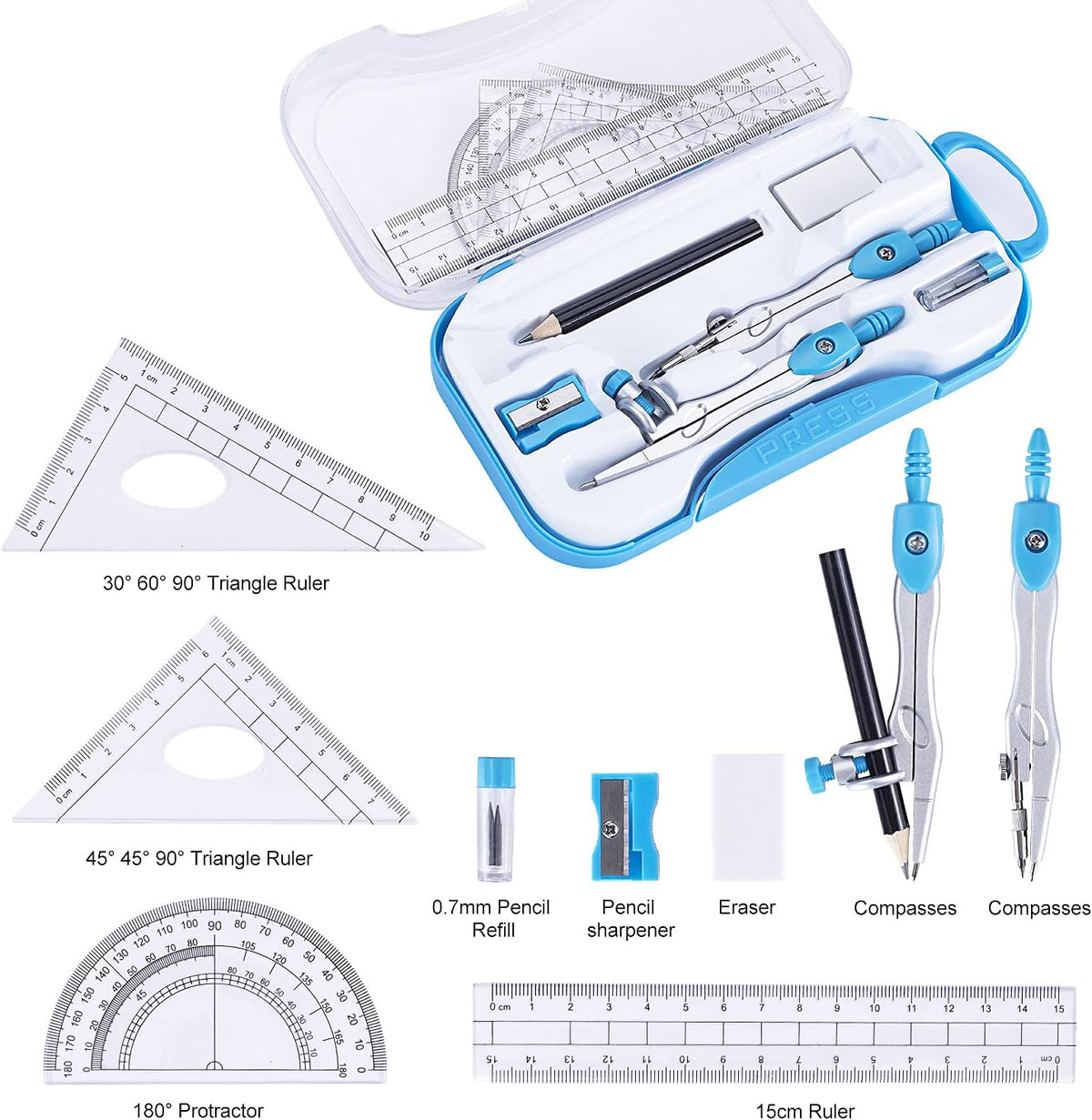 Math Geometry Kit Set 10 Pieces with Shatterproof Storage Box, Student Supplies Drawing Compass Includes Protractor, Rulers, Compass, Pencil Sharpener, Lead Refills, Pencil, Eraser(Blue)
