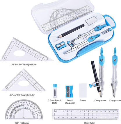 Math Geometry Kit Set 10 Pieces with Shatterproof Storage Box, Student Supplies Drawing Compass Includes Protractor, Rulers, Compass, Pencil Sharpener, Lead Refills, Pencil, Eraser(Blue)