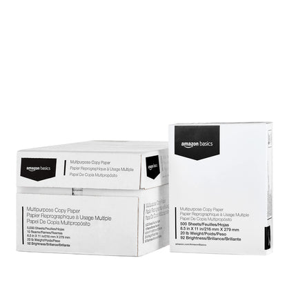 Amazon Basics Multipurpose Copy Printer Paper, 20 lb, 8.5 x 11 Inches, 5 Reams (2,500 Sheets), 92 Bright White
