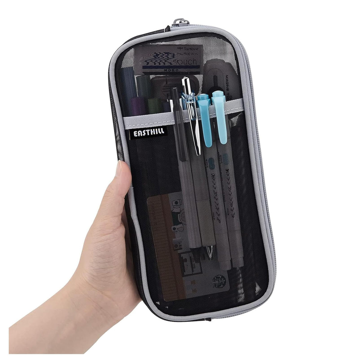 EASTHILL Grid Mesh Pen Pencil Case with Zipper Clear Makeup Color Pouch Cosmetics Bag Multi-Purpose Travel School Teen Girls Transparent Stationary Bag Office Organizer Box for Adluts(Blue)