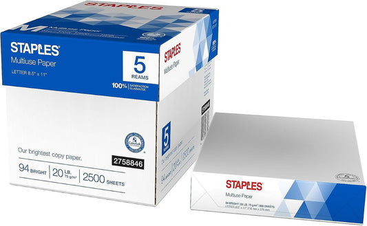 Staples Multiuse Copy Paper, 8.5x11 Inch, 20 lb., 94 Brightness, 5 Reams