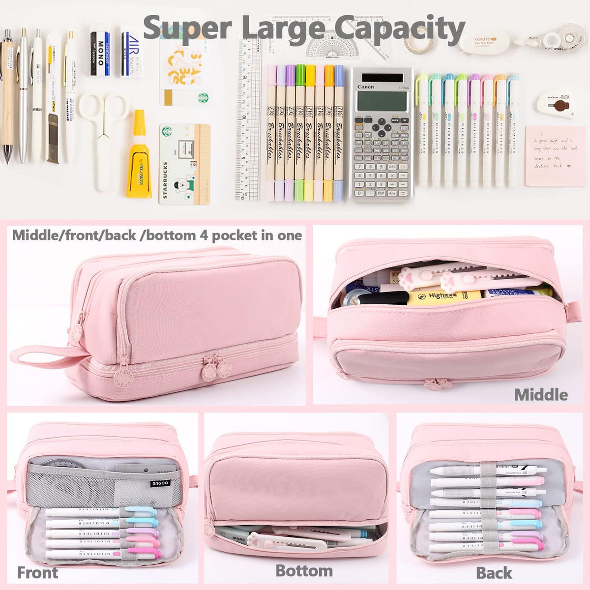MAMUNU Large Capacity Pencil Case 4 Compartments, Pencil Pouch Bag with Zipper Portable Handle, Pen Case Bag Stationery Organizer for Office College School Adults Teen Girls Boys Men Women, Pink