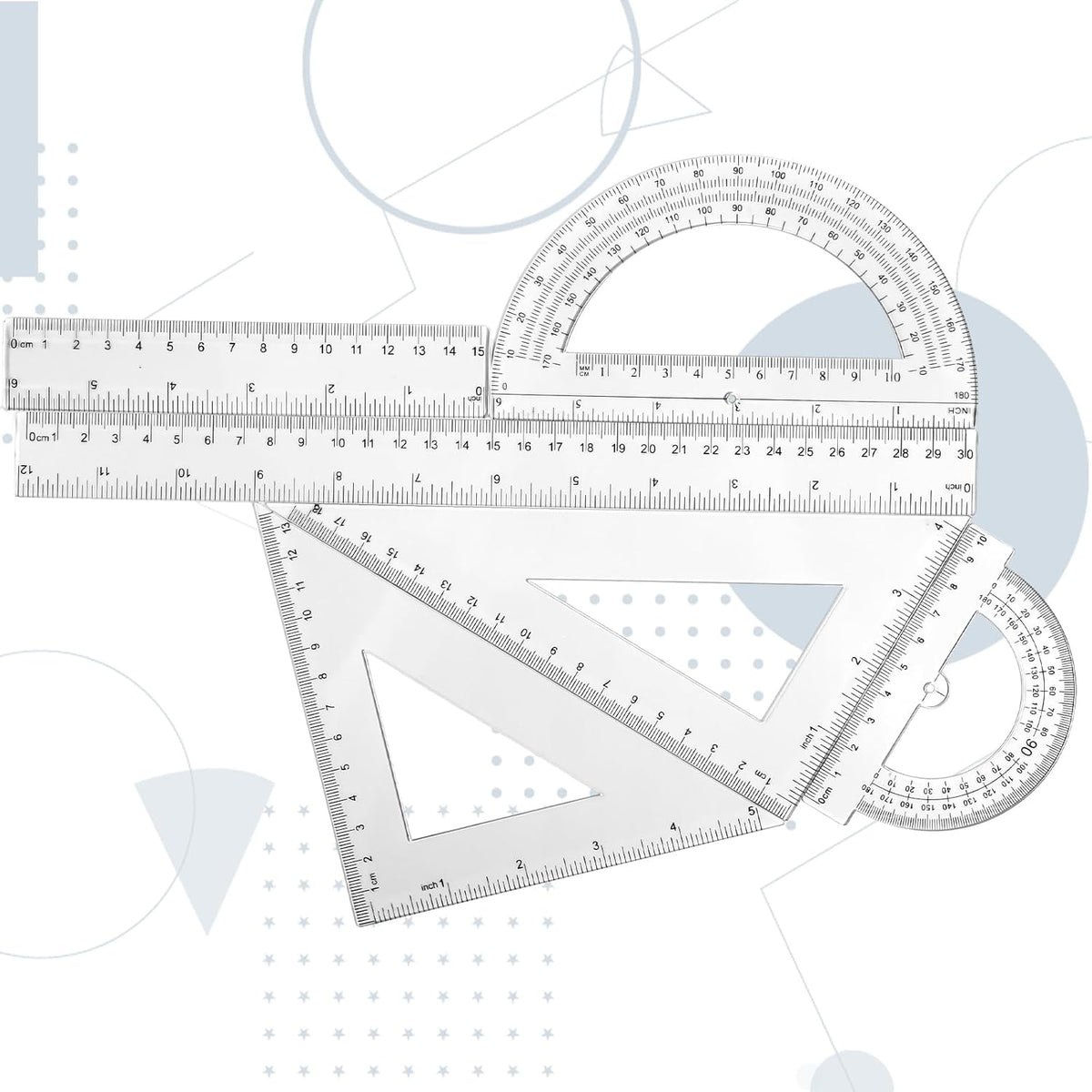 Tenare 6 Pcs Math Geometry Ruler Straight Protractor Triangle, Clear
