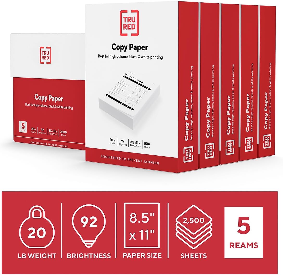 TRU RED Copy Paper, 8.5x11 Inch, 92 Brightness, 20 lb., 500 Sheets/Ream