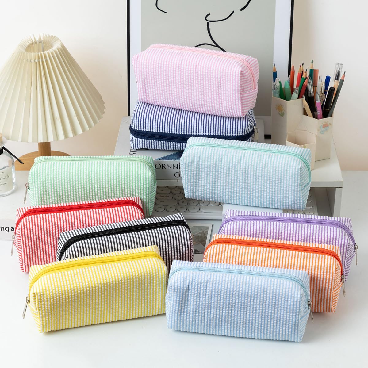 Seersucker Striped Pencil Bag, Large Capacity Stationery Pouch