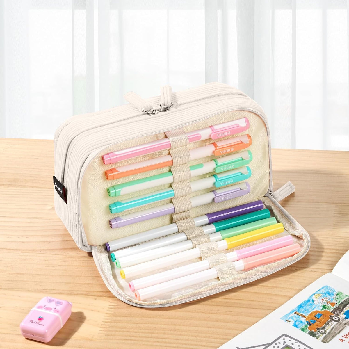 Sooez Big Capacity Pencil Case Pen Pouch, Soft Corduroy Pencil Bag