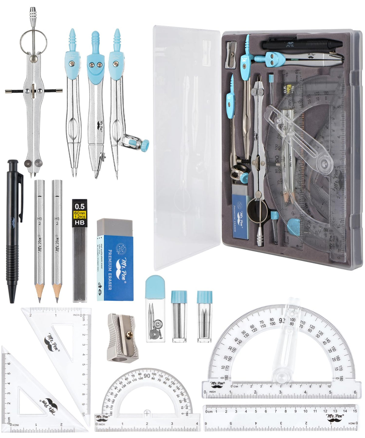 Mr. Pen- Geometry Set, 15 Piece Set with 6 Inch Swing Arm Protractor