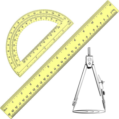 Zonon 3 Pcs 12" Clear Plastic Ruler 6 Inch Protractor Compass Set, Clear
