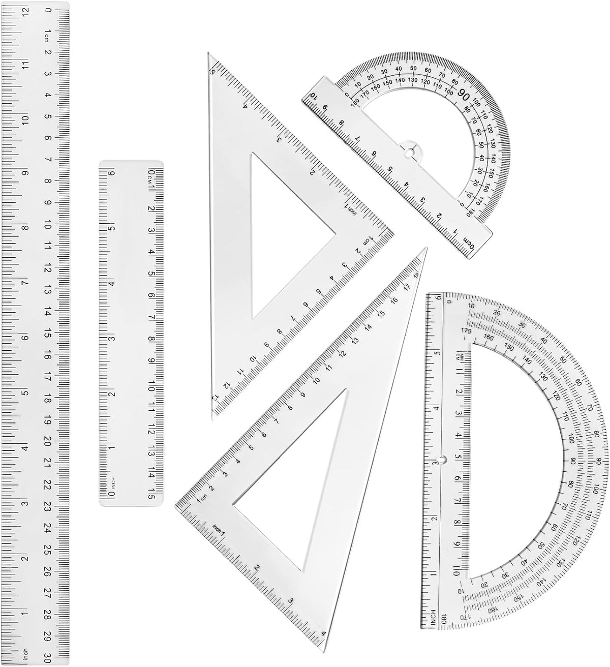 Tenare 6 Pcs Math Geometry Ruler Straight Protractor Triangle, Clear