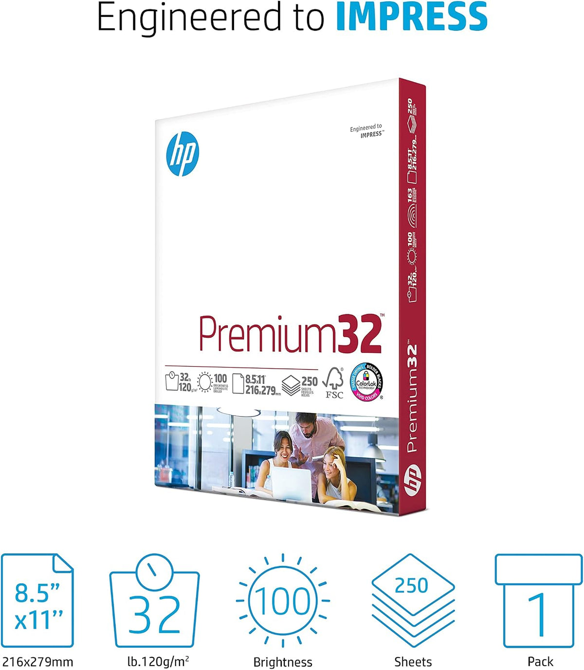 HP Printer Paper |8.5x11 Paper | Premium 32 lb | 1 Ream - 250 Sheets | 100 Bright | Made in USA – FSC Certified | 113500R