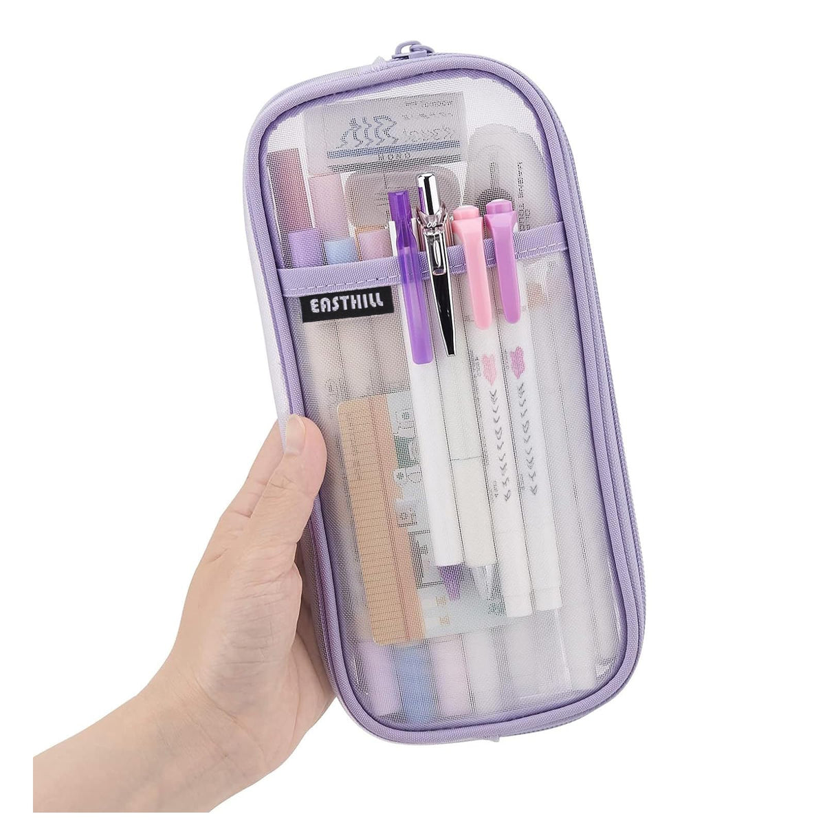 EASTHILL Grid Mesh Pen Pencil Case with Zipper Clear Makeup Color Pouch Cosmetics Bag Multi-Purpose Travel School Teen Girls Transparent Stationary Bag Office Organizer Box for Adluts(Blue)