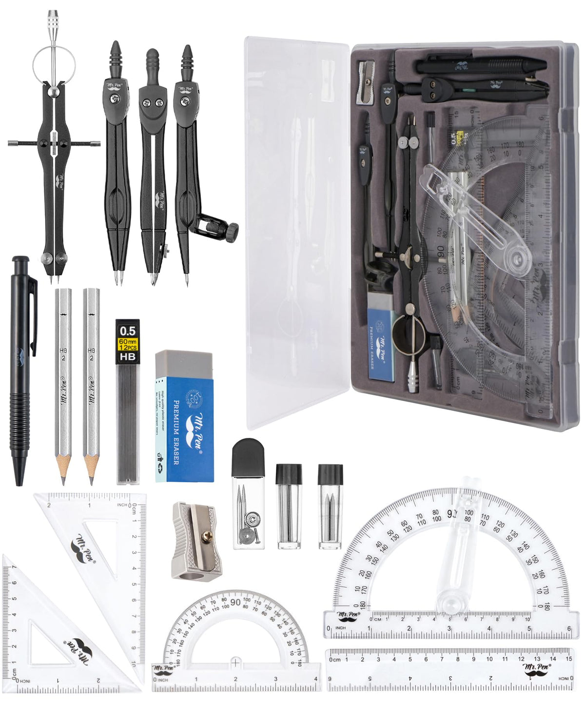Mr. Pen- Geometry Set, 15 Piece Set with 6 Inch Swing Arm Protractor