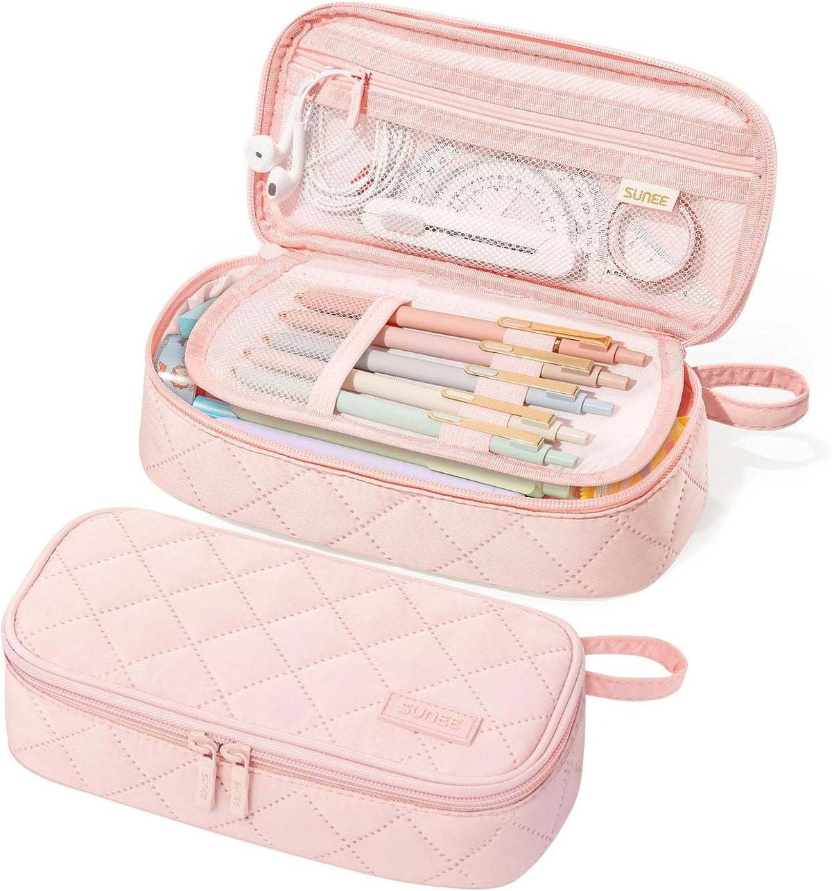 SUNEE Cute Pencil Case, Large Capacity Pencil Pouch Aesthetic Zipper Pencil Bag, Big Storage Pen Organizer for Stationery, Soft Quilted Pencil Box Back to School Supplies for Teen Girls Boys,Soft Pink