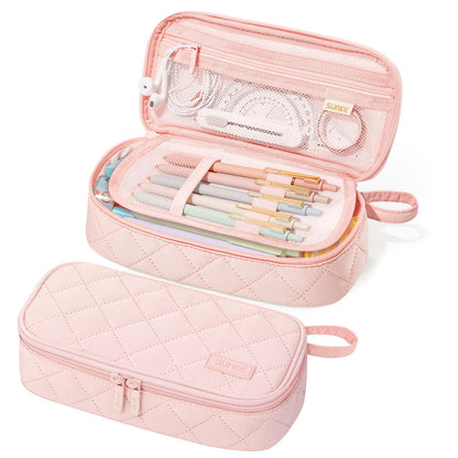 SUNEE Cute Pencil Case, Large Capacity Pencil Pouch Aesthetic Zipper Pencil Bag, Big Storage Pen Organizer for Stationery, Soft Quilted Pencil Box Back to School Supplies for Teen Girls Boys,Soft Pink