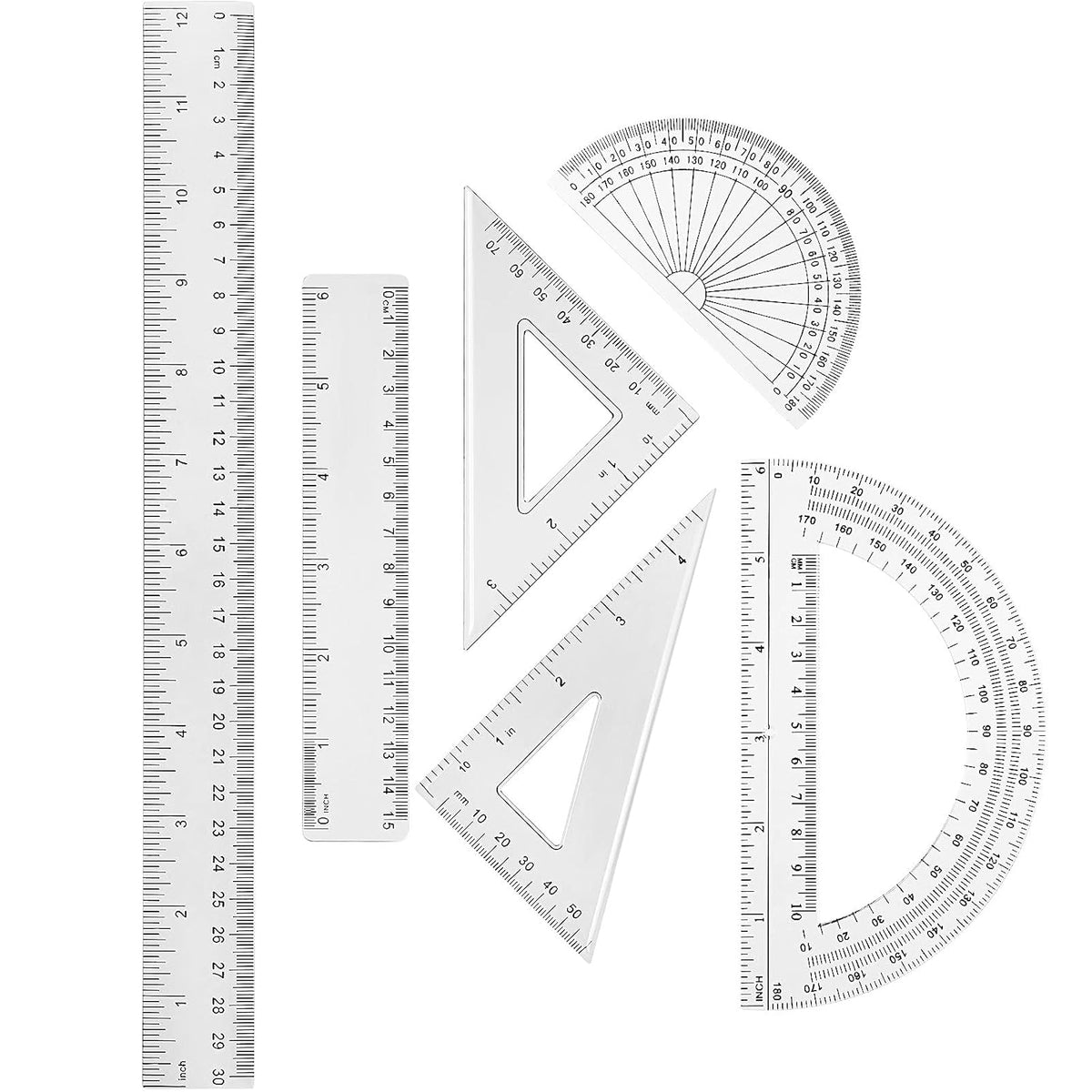 Tenare 6 Pcs Math Geometry Ruler Set, Protractor Triangle School,Clear