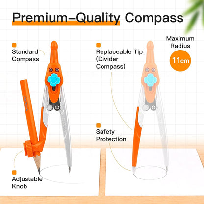 YPLUS Geometry Set, Protractor and Compass Set for Students, 12Pcs