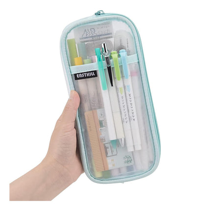 EASTHILL Grid Mesh Pen Pencil Case with Zipper Clear Makeup Color Pouch Cosmetics Bag Multi-Purpose Travel School Teen Girls Transparent Stationary Bag Office Organizer Box for Adluts(Blue)