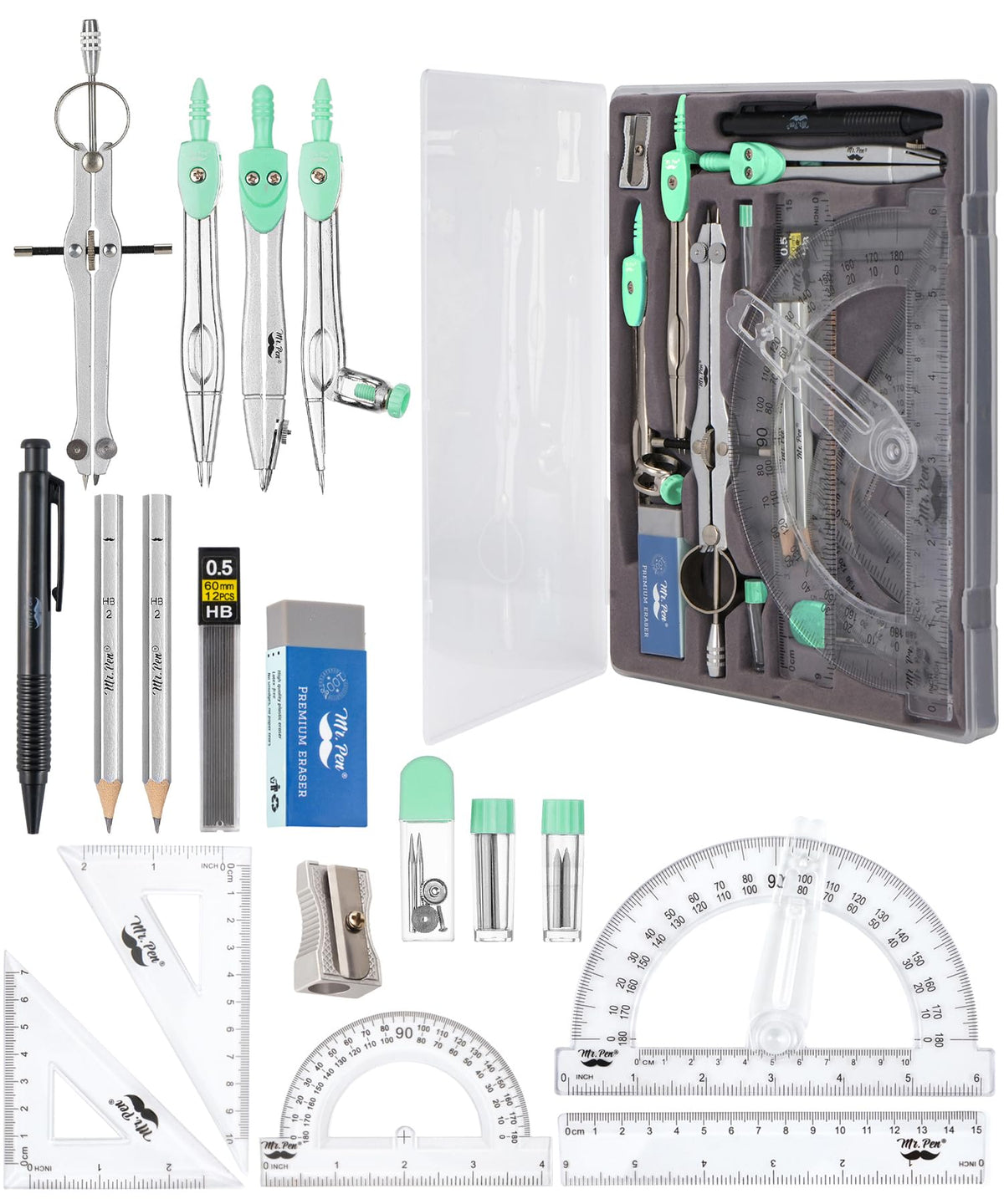 Mr. Pen- Geometry Set, 15 Piece Set with 6 Inch Swing Arm Protractor