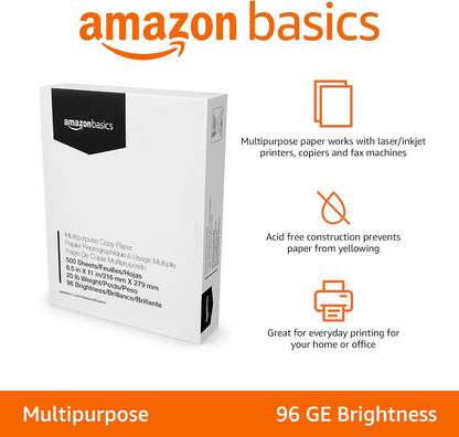 Amazon Basics Multipurpose Copy Printer Paper, 8.5 x 11 Inches, 20 lb Weight, 96 Bright White, 500 Sheets (1 Ream)