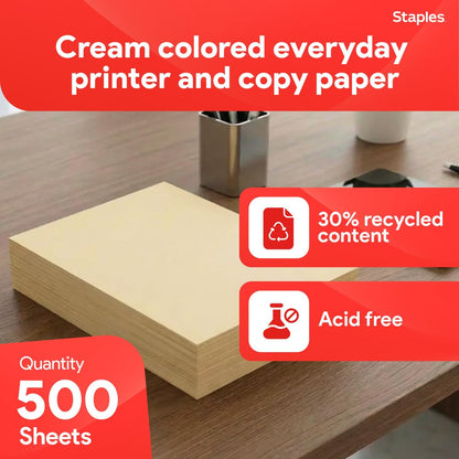 Staples Pastel Recycled Copy Paper, Cream, 20 lb., 8.5x11, 500 Sheets
