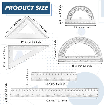 Tenare 6 Pcs Math Geometry Ruler Straight Protractor Triangle, Clear