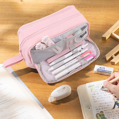 MAMUNU Large Capacity Pencil Case 4 Compartments, Pencil Pouch Bag with Zipper Portable Handle, Pen Case Bag Stationery Organizer for Office College School Adults Teen Girls Boys Men Women, Pink