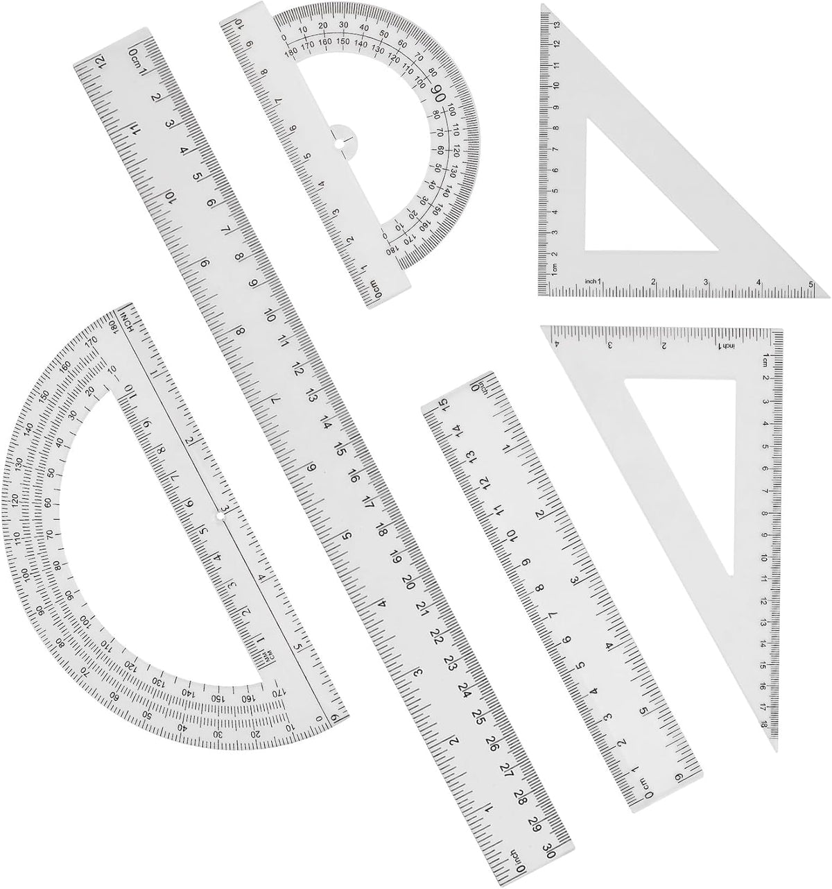 Plastic Clear Ruler Math Set-4 12 Inch 6 Inch Transparent Straight Ruler, 30/60 and 45/90 Triangle Ruler Geometry Math Transparent Ruler Measuring Tool for School Office Home Teachers Kids Supplies