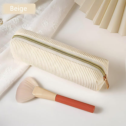 Corduroy Pencil Case with Metal Zipper Aesthetic Pen Pouch Large Capacity Makeup Bag Cosmetic Organizer Stationery Storage Bag for School Office Travel Cute Pencil Box (White)