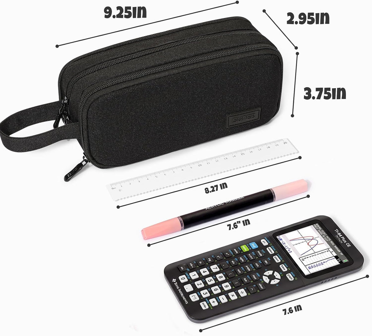 SUNEE Large Capacity Pencil Case with 3 Compartment, Extra Big Pencil Pouch, Pencil Bag with Zipper, Cute High Stationery Organizer, Oxford Pen Box School Supplies for Student Teen Girls Boys, Black