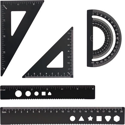 5 Pcs Metal Geometry Set, Math Drafting Ruler Kit- Aluminum Triangle Rulers, Protractor, 8 Inch and 6 Inch Drawing Ruler, Measuring Tool for School and Office (Metric and Imperial, Black)