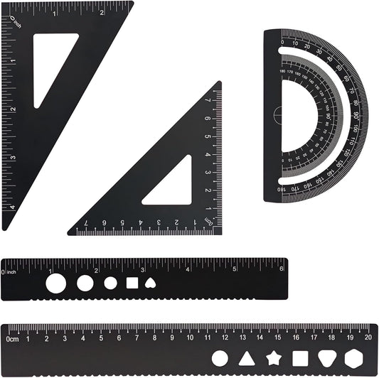 5 Pcs Metal Geometry Set, Math Drafting Ruler Kit- Aluminum Triangle Rulers, Protractor, 8 Inch and 6 Inch Drawing Ruler, Measuring Tool for School and Office (Metric and Imperial, Black)