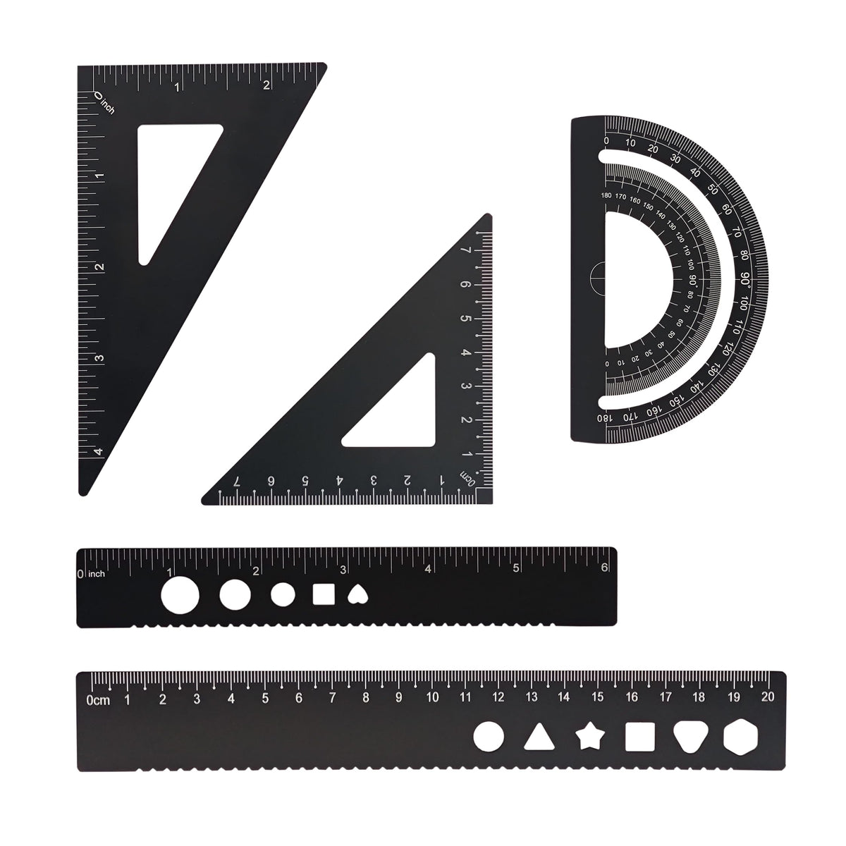 5 Pcs Metal Geometry Set, Math Drafting Ruler Kit- Aluminum Triangle Rulers, Protractor, 8 Inch and 6 Inch Drawing Ruler, Measuring Tool for School and Office (Metric and Imperial, Black)