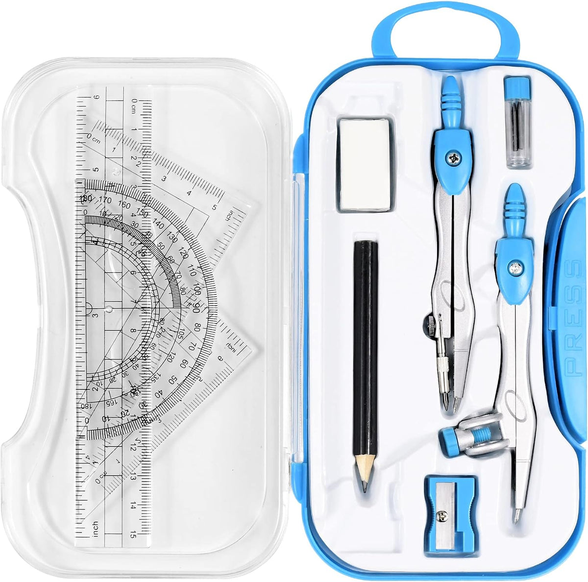 Unjoo Geometry Set 10 Pcs Student Supplies, Protractor and Compass (Blue）
