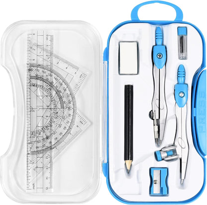 Unjoo Geometry Set 10 Pcs Student Supplies, Protractor and Compass (Blue）