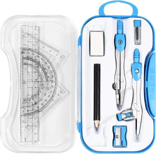 Unjoo Geometry Set 10 Pcs Student Supplies, Protractor and Compass (Blue）