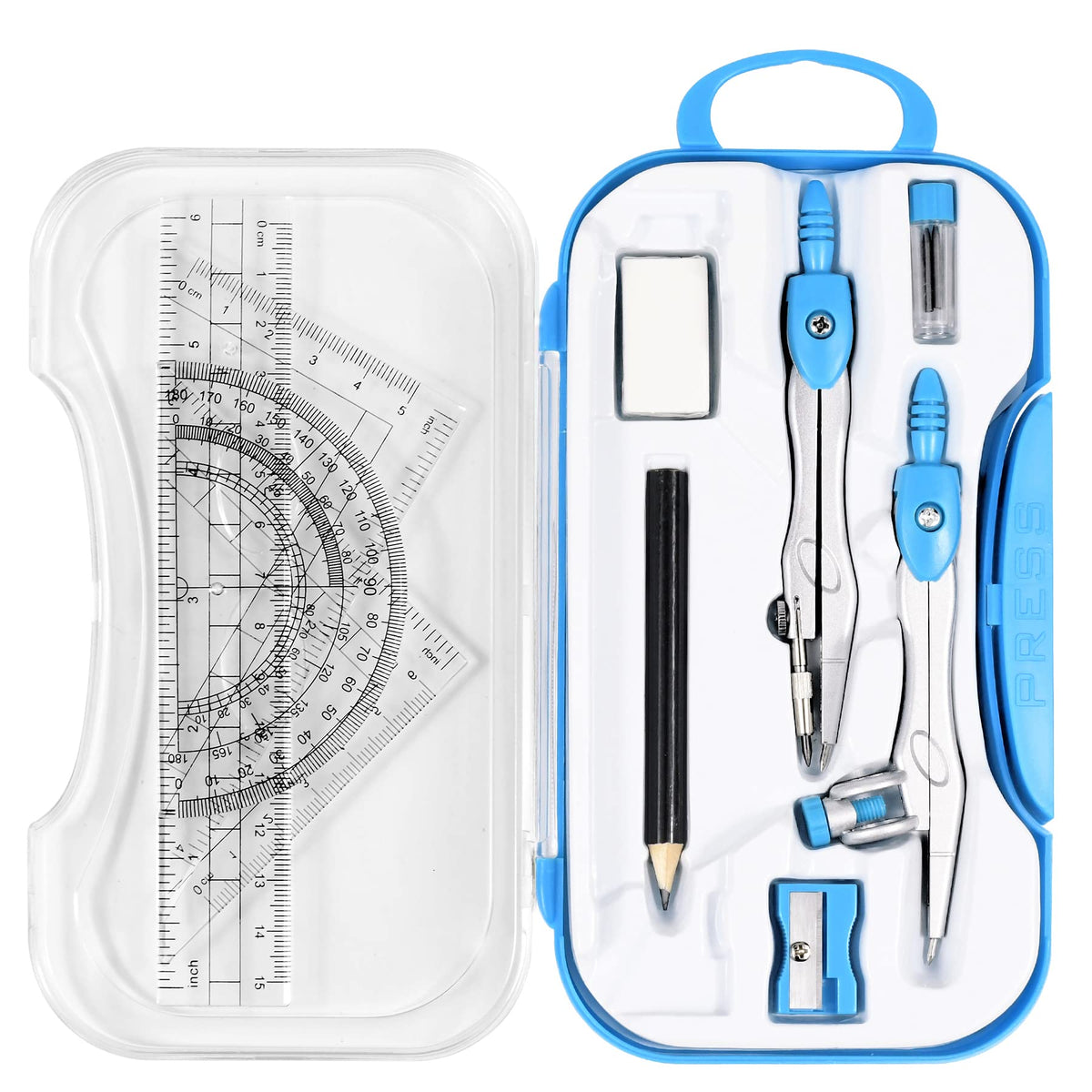 Unjoo Geometry Set 10 Pcs Student Supplies,Protractor and Compass,Navy Blue