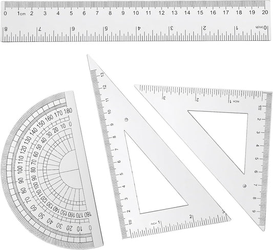 4 Pcs Math Geometry Set Transparent Plastic Ruler Kit with 8 Inch Straight Rulers, Triangular Ruler, Protractor, Clear Measuring Tools for Office and Drafting