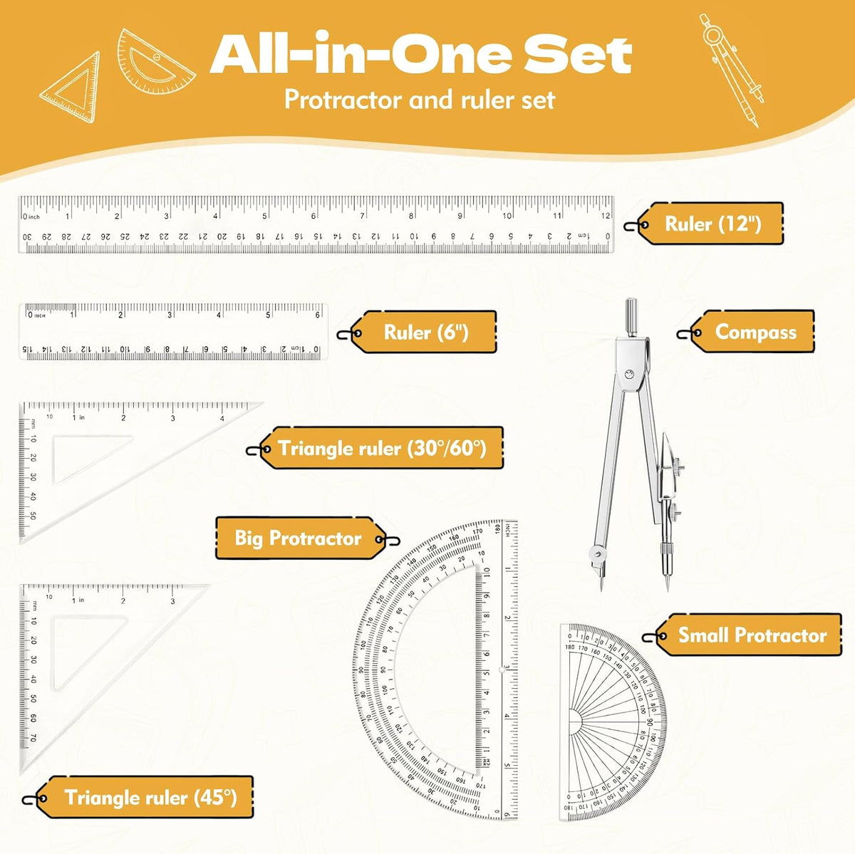 7Pcs Geometry Set-Clear Plastic Rulers,Triangle Ruler,Protractor,Compass