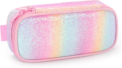 mibasies Girls Pencil Case for Kids, Multi-Slot Pencil Pouch, Pink Blue Rainbow
