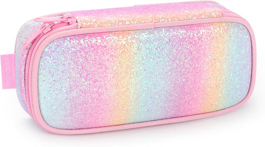 mibasies Girls Pencil Case for Kids, Multi-Slot Pencil Pouch, Pink Blue Rainbow