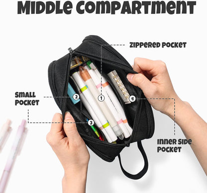 SUNEE Large Capacity Pencil Case with 3 Compartment, Extra Big Pencil Pouch, Pencil Bag with Zipper, Cute High Stationery Organizer, Oxford Pen Box School Supplies for Student Teen Girls Boys, Black