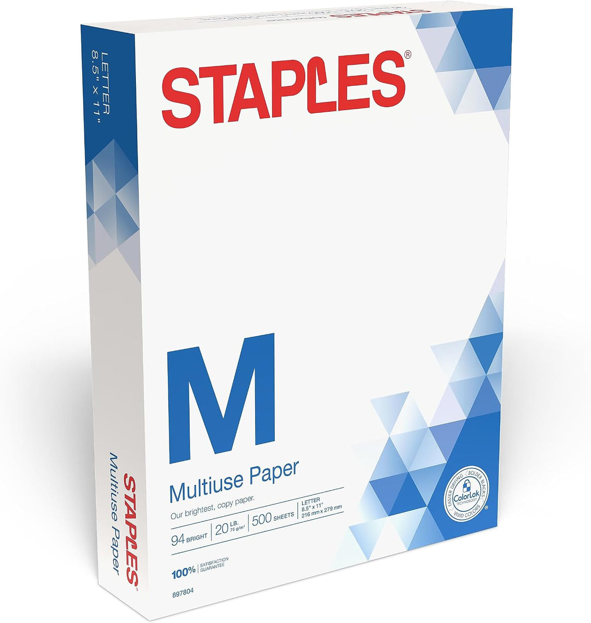 Staples Multiuse Copy Paper, 8.5x11 Inch, 20 lb., 94 Brightness, 5 Reams