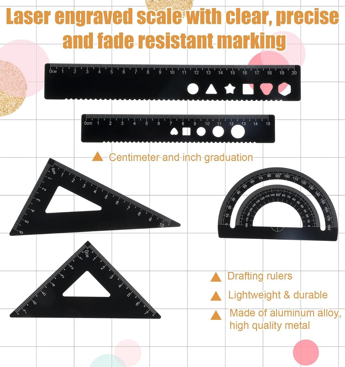 Ruler and Protractor Set, 5PCS Protractor Set, Aluminum Alloy