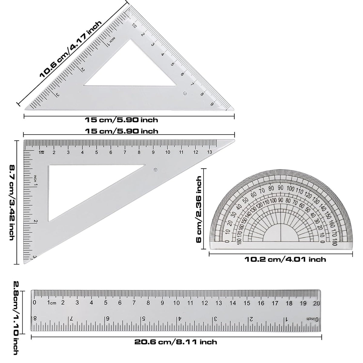 4 Pcs Math Geometry Set, Transparent Plastic Geometry Kit Includes Protractor, Straight Ruler, Triangle Ruler, Clear Measuring Tools, Drafting Ruler for School and Office Supplies