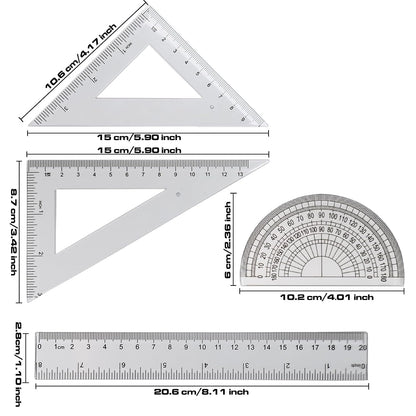 4 Pcs Math Geometry Set, Transparent Plastic Geometry Kit Includes Protractor, Straight Ruler, Triangle Ruler, Clear Measuring Tools, Drafting Ruler for School and Office Supplies