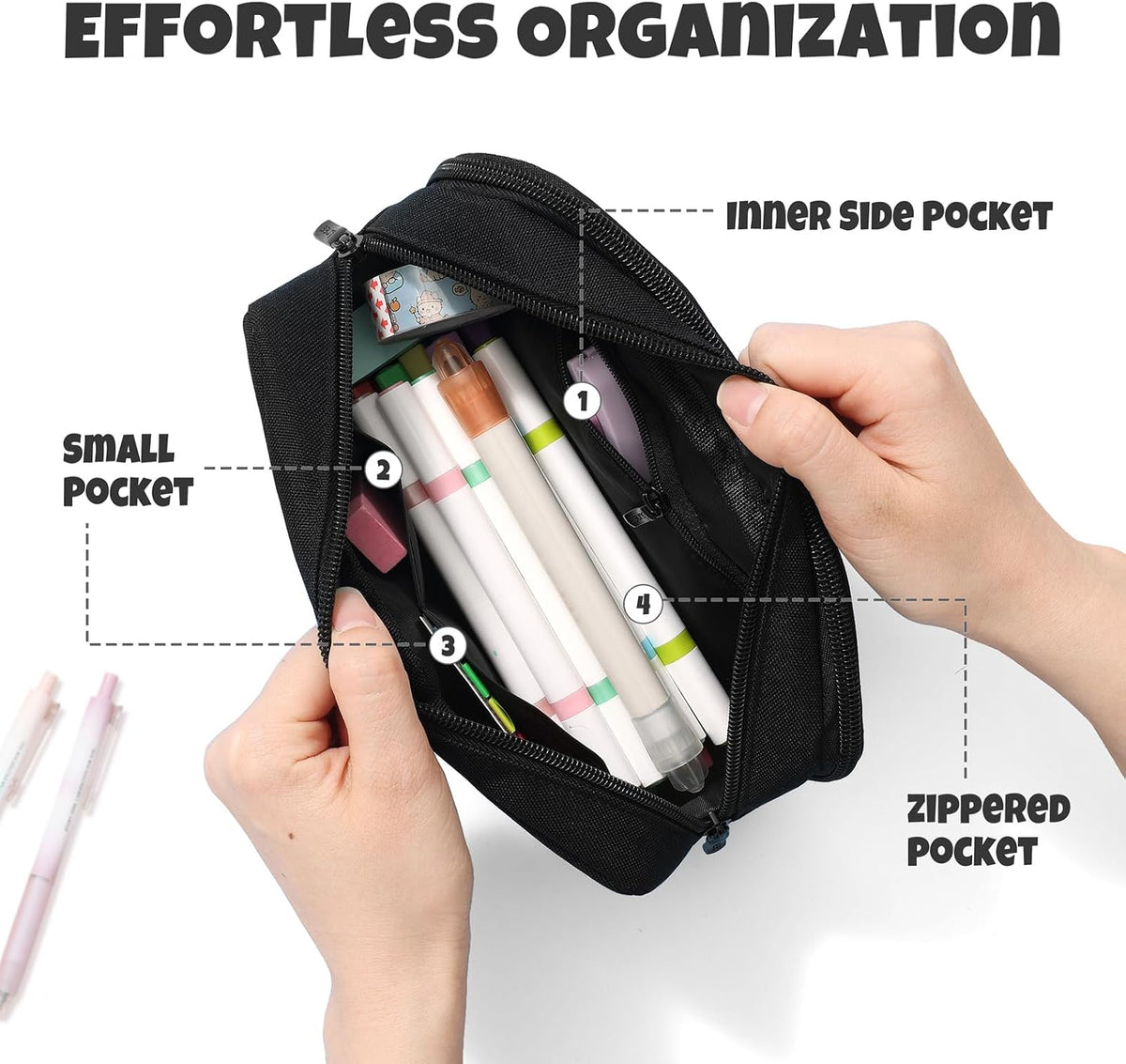 SUNEE Pencil Case, Large Capacity Pencil Pouch, Extra Big Pencil Bag with 6 Compartments, Durable Canvas Pencil Box for Office Stationery Organizer, Back to School Supplies for Teen Boys Girls, Black