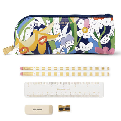 kate spade new york Pen and Pencil Case with Office Supplies, Zip Pouch Includes 2 Pencils, Sharpener, Eraser, and Ruler, Polka Dots (black/white)