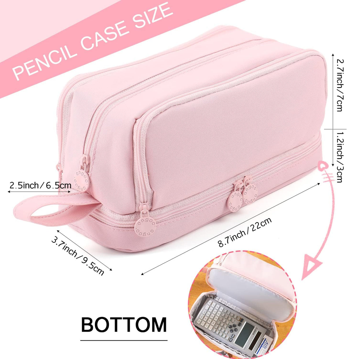 MAMUNU Large Capacity Pencil Case 4 Compartments, Pencil Pouch Bag with Zipper Portable Handle, Pen Case Bag Stationery Organizer for Office College School Adults Teen Girls Boys Men Women, Pink