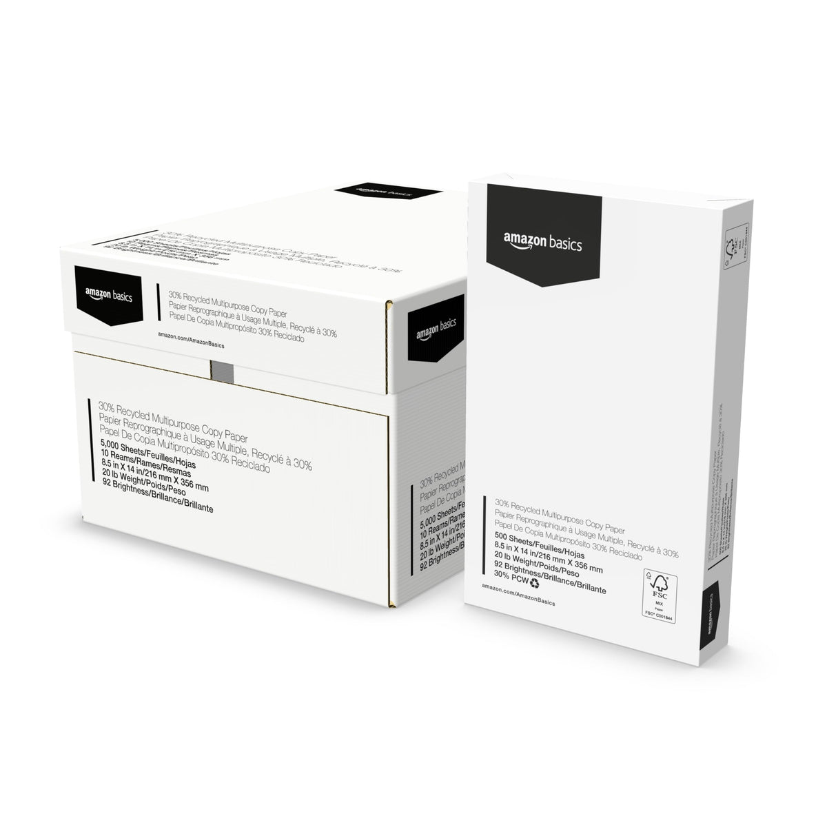 Amazon Basics 30% Recycled Multipurpose Copy & Print Paper, 8.5 x 11 Inches, 20 lb Weight, 92 Bright, White, Certified, 1500 Sheets (3 Reams)