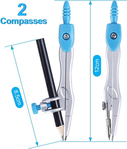 Math Geometry Kit Set 10 Pieces with Shatterproof Storage Box, Student Supplies Drawing Compass Includes Protractor, Rulers, Compass, Pencil Sharpener, Lead Refills, Pencil, Eraser(Blue)